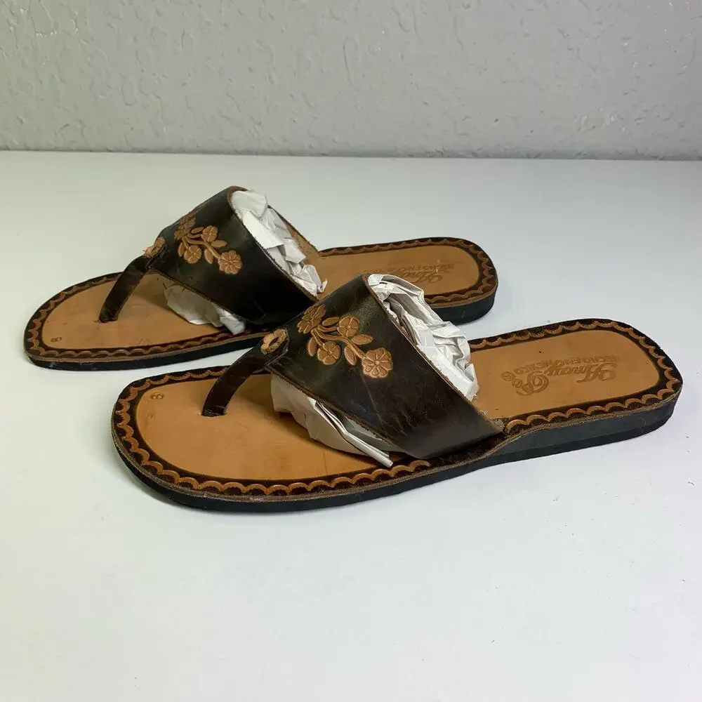 AMAY PE HECHO EN MEXICO Sandals 8 Artisan Huaraches Slip On Hand Tooled Floral